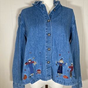 Vintage fall‎ scarecrows Embroidered Denim casual button down shacket size large